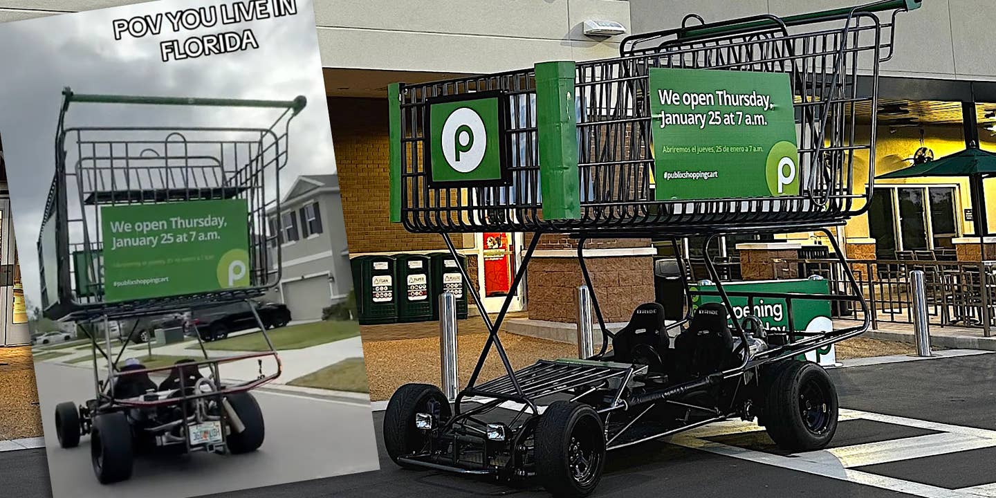 A giant Publix-branded shopping cart-shaped car